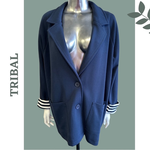 Tribal Navy  Knit Single Breasted Blazer Contrast Stripe Lining White Size XL - Picture 1 of 8